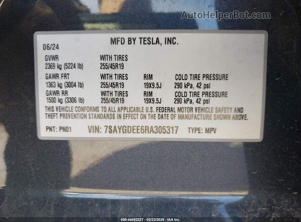 7SAYGDEE6RA305317 2024 TESLA MODEL Y Black Շարժիչի բաժամունքի տեսք