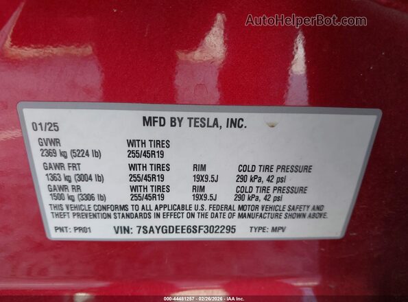 7SAYGDEE6SF302295 2025 TESLA MODEL Y Red Widok komory silnika