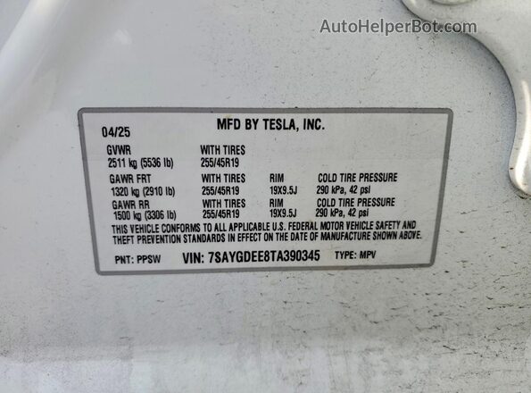 7SAYGDEE8TA390345 2026 TESLA MODEL White Vista de la etiqueta del VIN