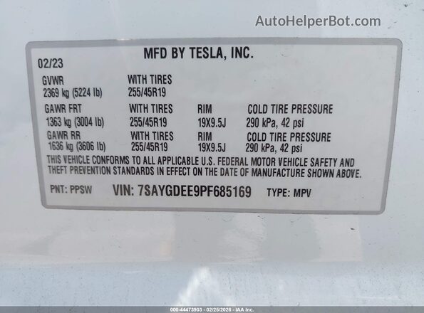 7SAYGDEE9PF685169 2023 TESLA MODEL Y White Вид підкапотного простору