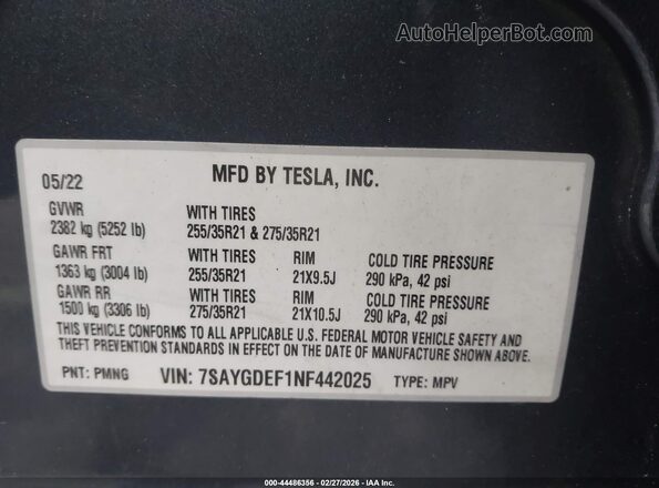 7SAYGDEF1NF442025 2022 TESLA MODEL Y Gray Vista del compartimento del motor
