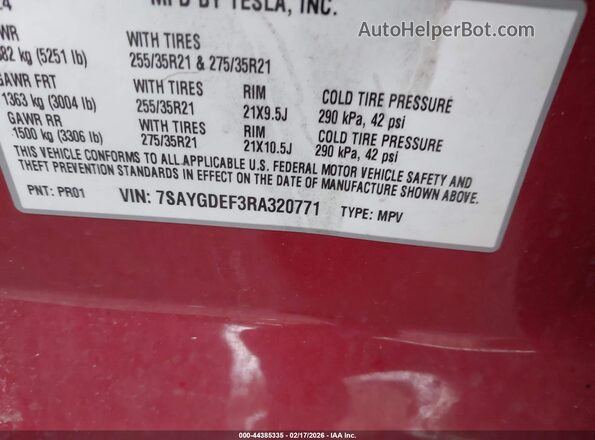 7SAYGDEF3RA320771 2024 TESLA MODEL Y Red Շարժիչի բաժամունքի տեսք