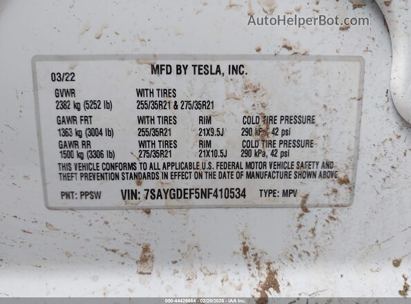 7SAYGDEF5NF410534 2022 TESLA MODEL Y White Engine compartment view