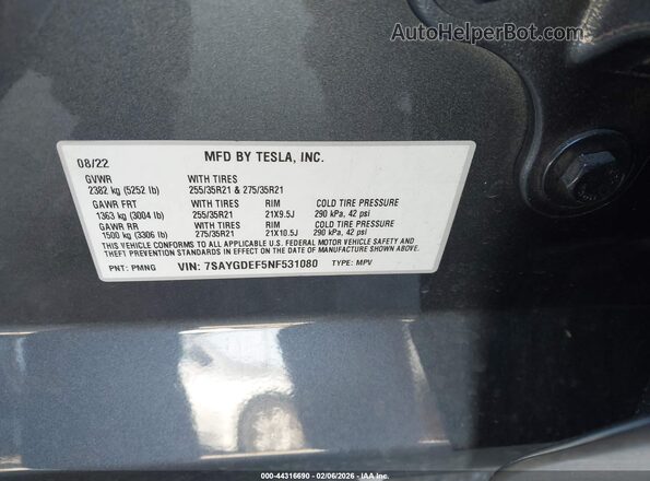 7SAYGDEF5NF531080 2022 TESLA MODEL Y Dark Blue Engine compartment view