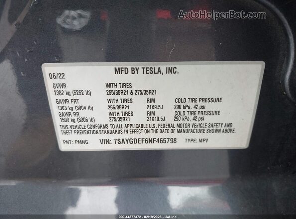 7SAYGDEF6NF465798 2022 TESLA MODEL Y Gray ძრავის განყოფილების ხედი