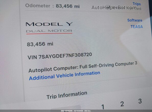 7SAYGDEF7NF308720 2022 TESLA MODEL Y White ძრავის განყოფილების ხედი