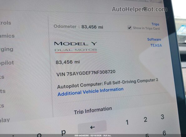 7SAYGDEF7NF308720 2022 TESLA MODEL Y White 