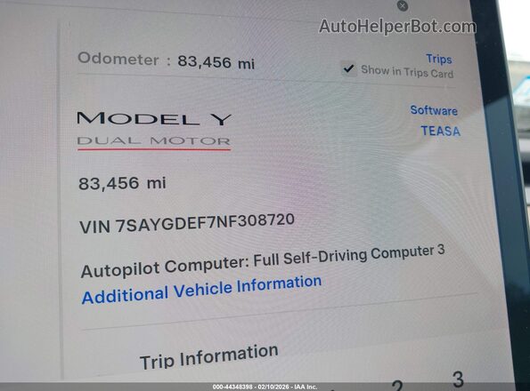 7SAYGDEF7NF308720 2022 TESLA MODEL Y White 