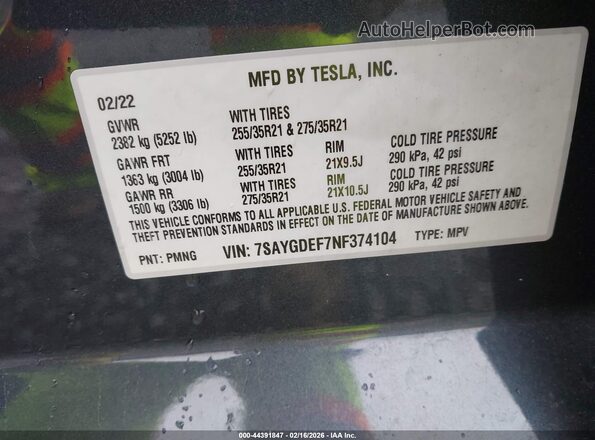 7SAYGDEF7NF374104 2022 TESLA MODEL Y Gray Вид підкапотного простору