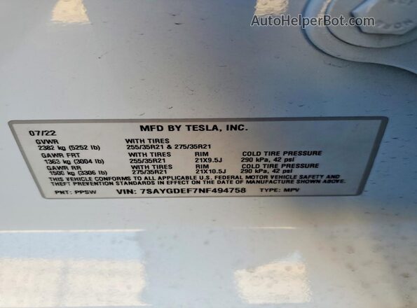 7SAYGDEF7NF494758 2022 TESLA MODEL White სალონის 360-გრადუსიანი ხედი