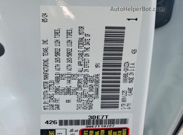 7SVAAAAA1RX003496 2024 TOYOTA SEQUOIA White VIN კოდის სტიკერის ხედი