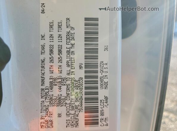 7SVAAABA1RX038330 2024 TOYOTA SEQUOIA Белый Вид наклейки с VIN-кодом