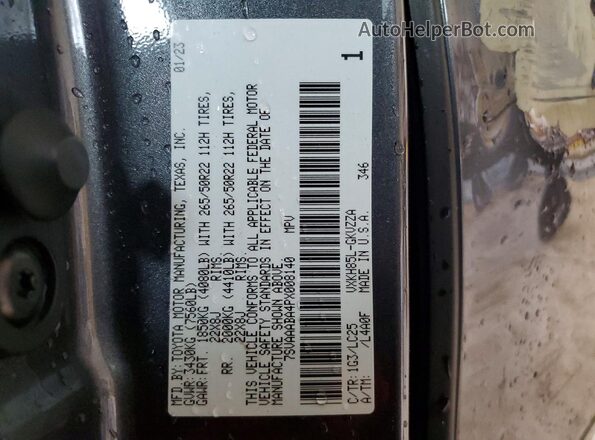 7SVAAABA4PX008140 2023 TOYOTA SEQUOIA Gray Vista de la etiqueta del VIN