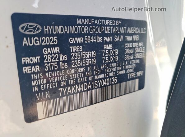 7YAKN4DA1SY040136 2025 HYUNDAI IONIQ White Вид наклейки з VIN-кодом
