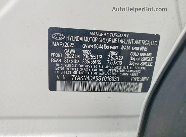 7YAKN4DA6SY016933 2025 HYUNDAI IONIQ White VIN sticker view