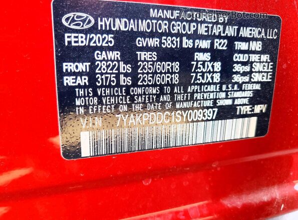 7YAKPDDC1SY009397 2025 HYUNDAI IONIQ Red Widok naklejki z numerem VIN