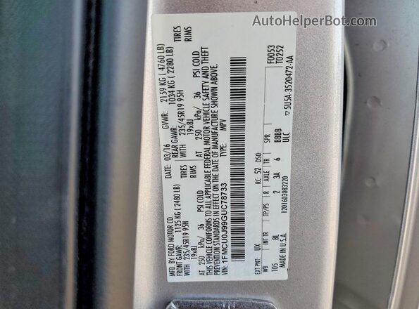 1FMCU0J99GUC78733 2016 FORD ESCAPE Silver Widok naklejki z numerem VIN