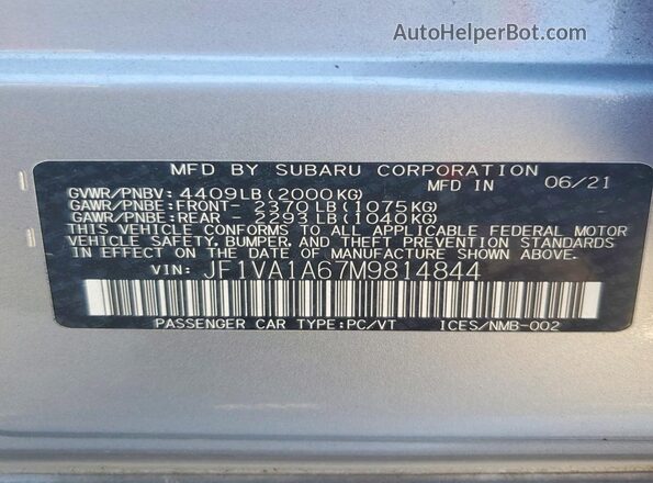 JF1VA1A67M9814844 2021 SUBARU WRX Silver VIN კოდის სტიკერის ხედი