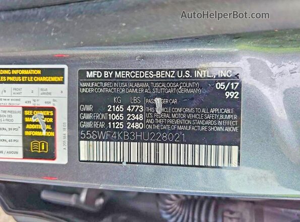 55SWF4KB3HU228021 2017 MERCEDES-BENZ C-CLASS Gray Вид задньої частини салону