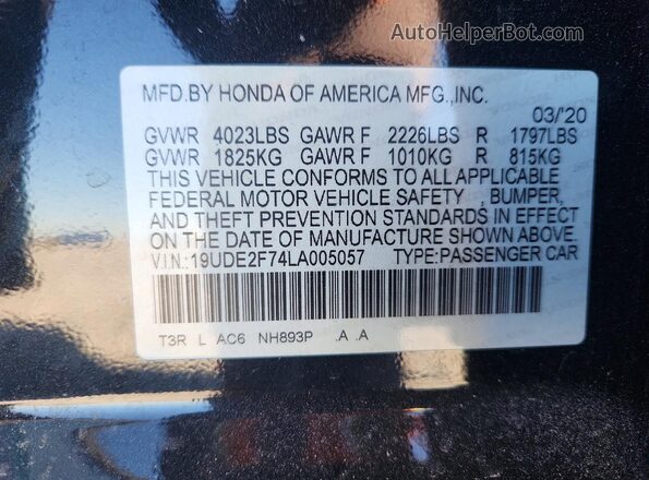 19UDE2F74LA005057 2020 ACURA ILX Black Вид наклейки з VIN-кодом