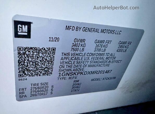 1GNSKPKDXMR201487 2021 CHEVROLET TAHOE White 