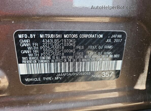 JA4AP3AU3HZ069365 2017 MITSUBISHI OUTLANDER Brown 