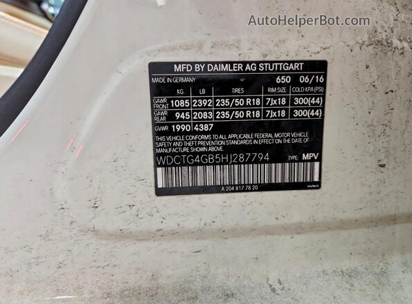WDCTG4GB5HJ287794 2017 MERCEDES-BENZ GLA White Widok naklejki z numerem VIN
