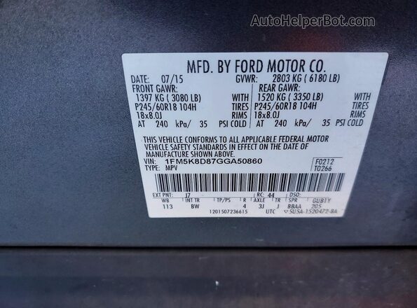 1FM5K8D87GGA50860 2016 FORD FORD EXPLORER Gray Widok wnętrza 360 stopni