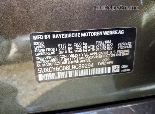 5UXCY6C08L9C89294 2020 BMW X6 Green 360 interior view