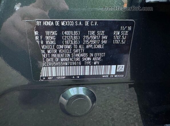 3CZRU5H55HM709616 2017 HONDA HR-V Green Widok wnętrza z tyłu