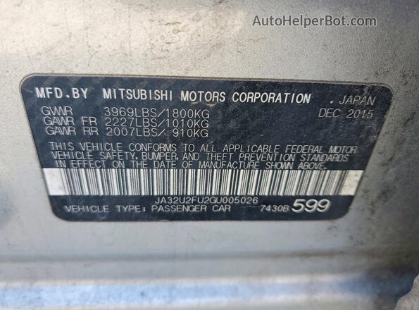 JA32U2FU2GU005026 2016 MITSUBISHI LANCER Silver VIN sticker view