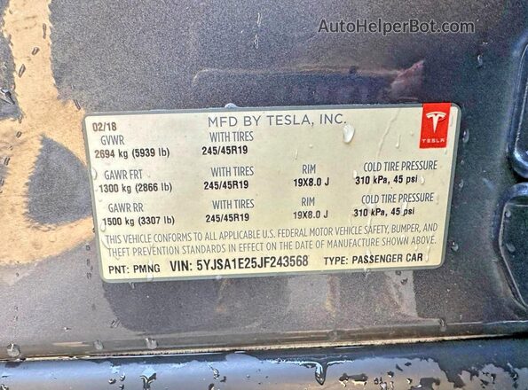 5YJSA1E25JF243568 2018 TESLA MODEL Gray 