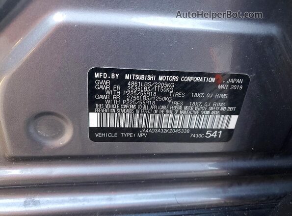 JA4AD3A32KZ045338 2019 MITSUBISHI OUTLANDER Gray 