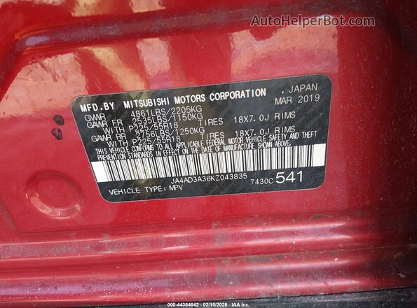 JA4AD3A36KZ043835 2019 MITSUBISHI OUTLANDER Красный Вид подкапотного пространства