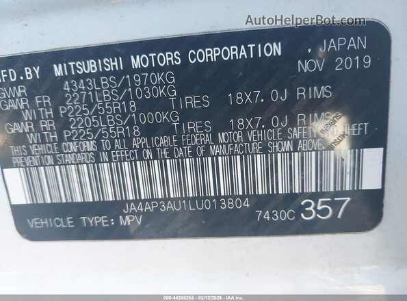 JA4AP3AU1LU013804 2020 MITSUBISHI OUTLANDER SPORT Белый Вид подкапотного пространства