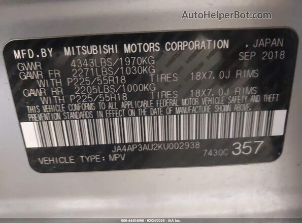 JA4AP3AU2KU002938 2019 MITSUBISHI OUTLANDER SPORT Серебряный 