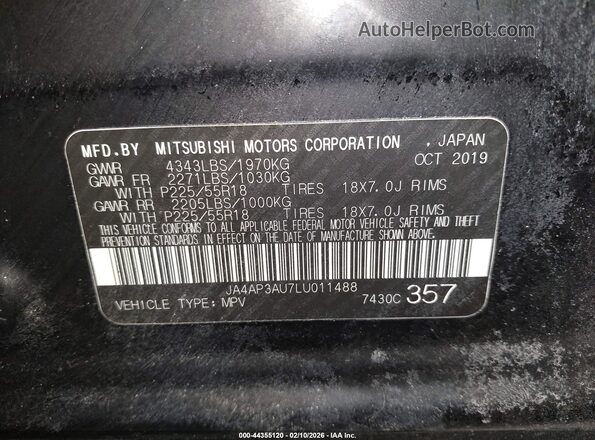 JA4AP3AU7LU011488 2020 MITSUBISHI OUTLANDER SPORT Black ძრავის განყოფილების ხედი