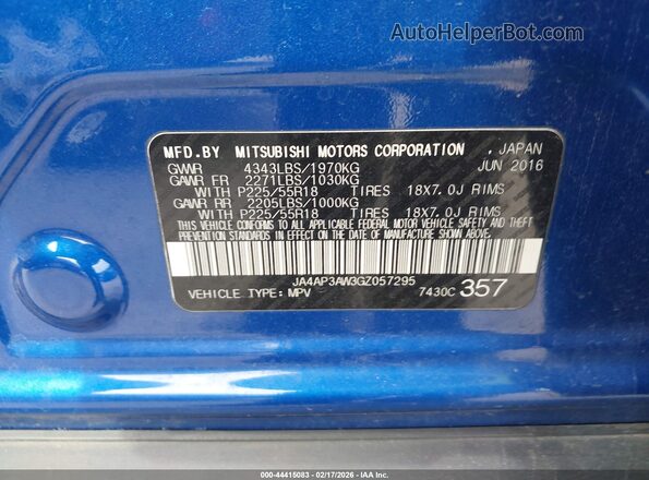 JA4AP3AW3GZ057295 2016 MITSUBISHI OUTLANDER SPORT Blue Շարժիչի բաժամունքի տեսք