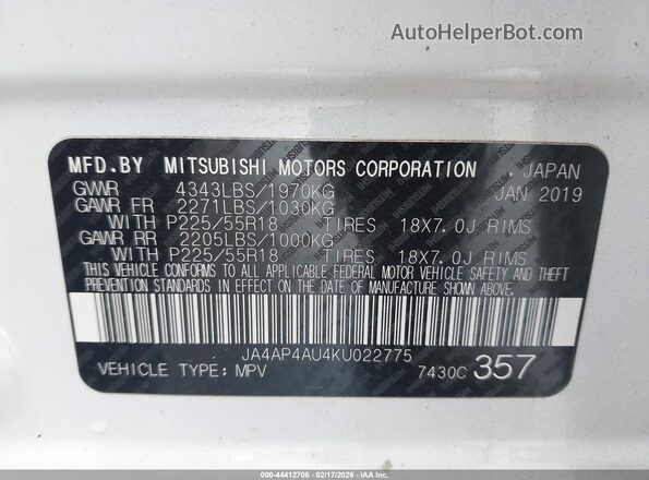 JA4AP4AU4KU022775 2019 MITSUBISHI OUTLANDER SPORT White 