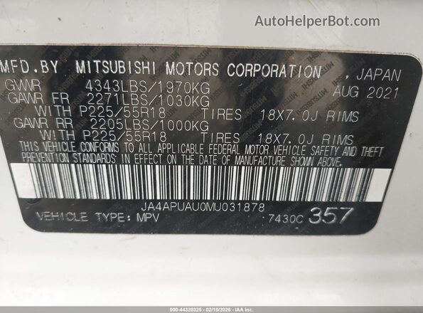 JA4APUAU0MU031878 2021 MITSUBISHI OUTLANDER SPORT White Вид підкапотного простору