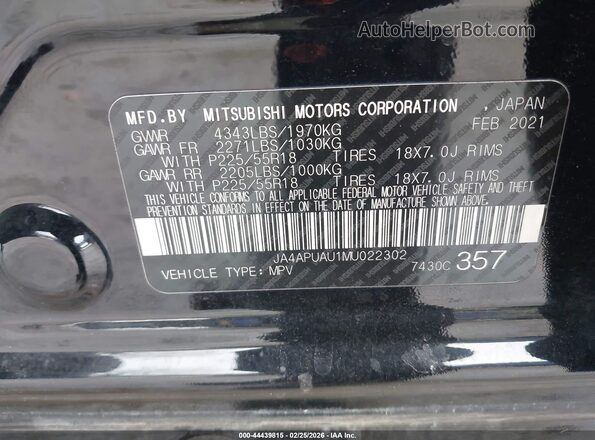 JA4APUAU1MU022302 2021 MITSUBISHI OUTLANDER SPORT Black 