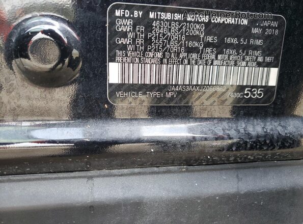 JA4AS3AAXJZ066862 2018 MITSUBISHI ECLIPSE Black Vista de la etiqueta del VIN