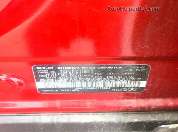 JA4ASVAA8NZ028824 2022 MITSUBISHI ECLIPSE Red Вид наклейки з VIN-кодом