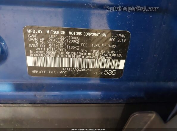 JA4AT3AA0KZ052872 2019 MITSUBISHI ECLIPSE CROSS Blue ძრავის განყოფილების ხედი