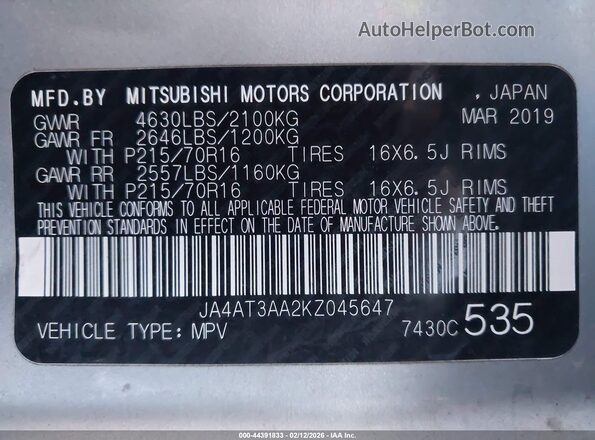 JA4AT3AA2KZ045647 2019 MITSUBISHI ECLIPSE CROSS Silver Engine compartment view
