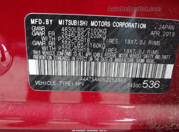 JA4AT5AA0KZ052883 2019 MITSUBISHI ECLIPSE CROSS Red 