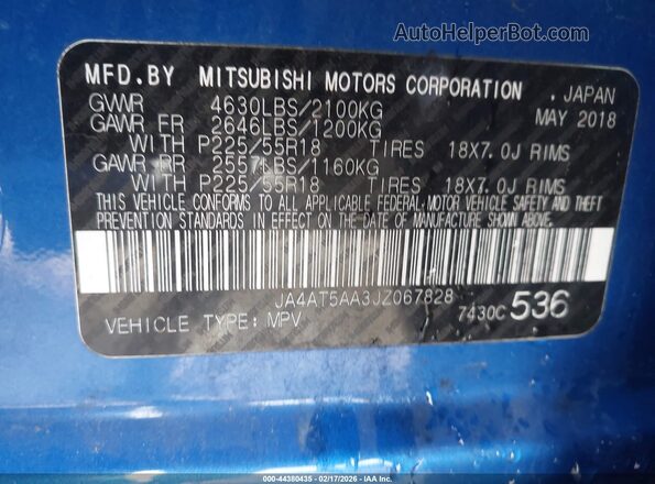 JA4AT5AA3JZ067828 2018 MITSUBISHI ECLIPSE CROSS Blue 