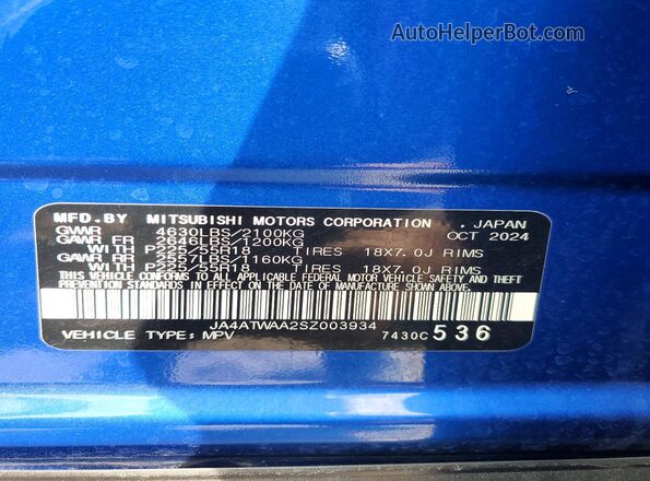 JA4ATWAA2SZ003934 2025 MITSUBISHI ECLIPSE Blue Vista de la etiqueta del VIN