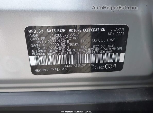 JA4J4TA89NZ018170 2022 MITSUBISHI OUTLANDER Silver Vista del compartimento del motor