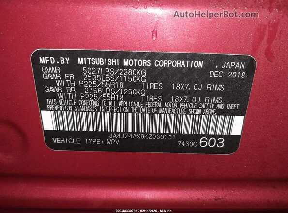 JA4JZ4AX9KZ030331 2019 MITSUBISHI OUTLANDER Red Engine compartment view